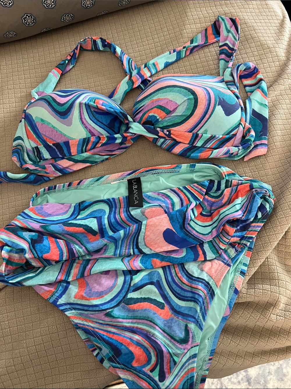 La Blanca Teal Navy Coral Swirl Bikini Set